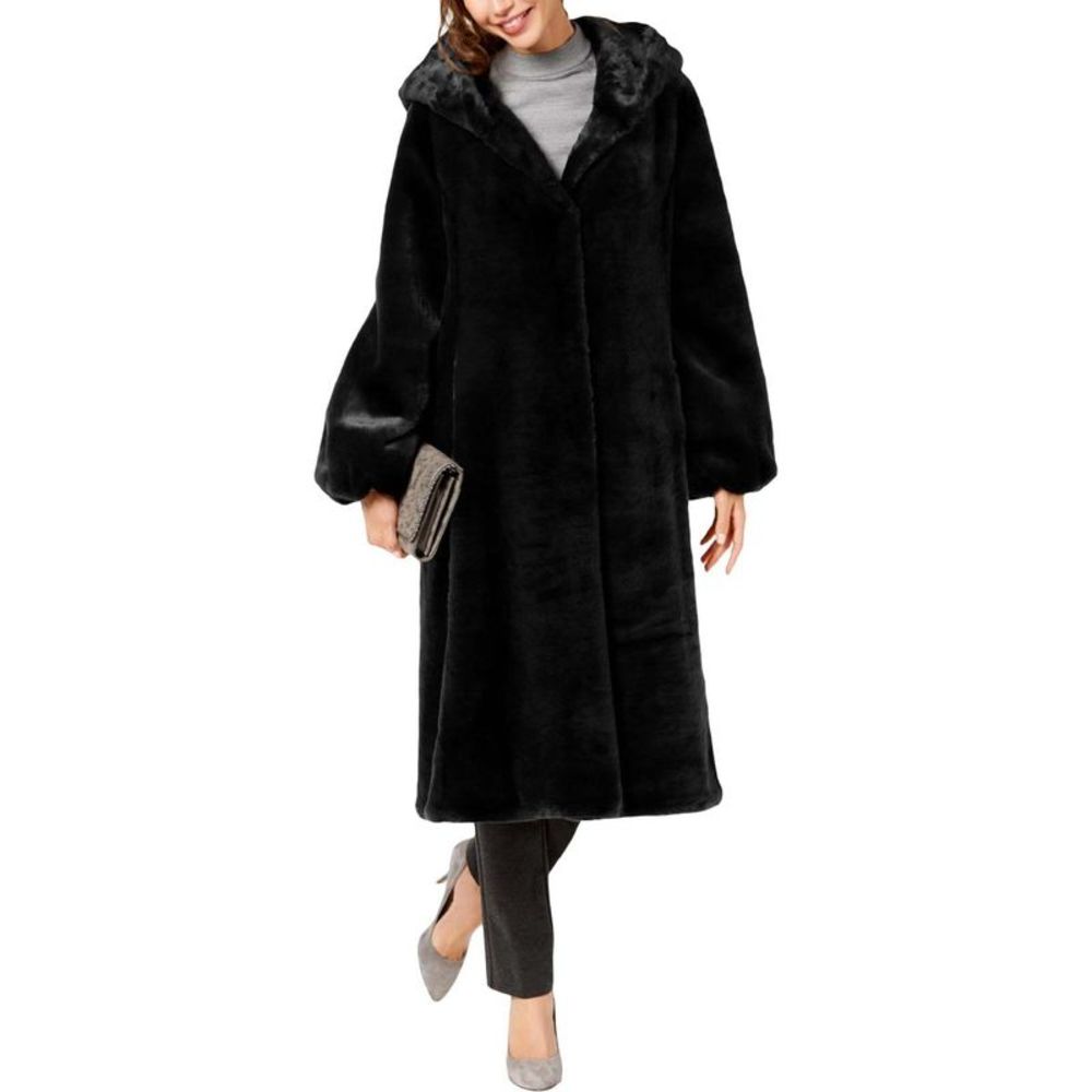 Jones New York Womens Black Warm Long Dressy Faux Fur Coat Outerwear NWT